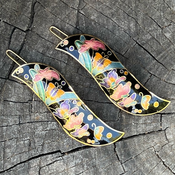 Set of 2 Vintage Black Cloisonné Chinese Hair Barrettes – Excellent Condition